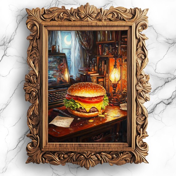 Giant Cheeseburger on Cozy Night Study Desk Dark Academia Food Poster