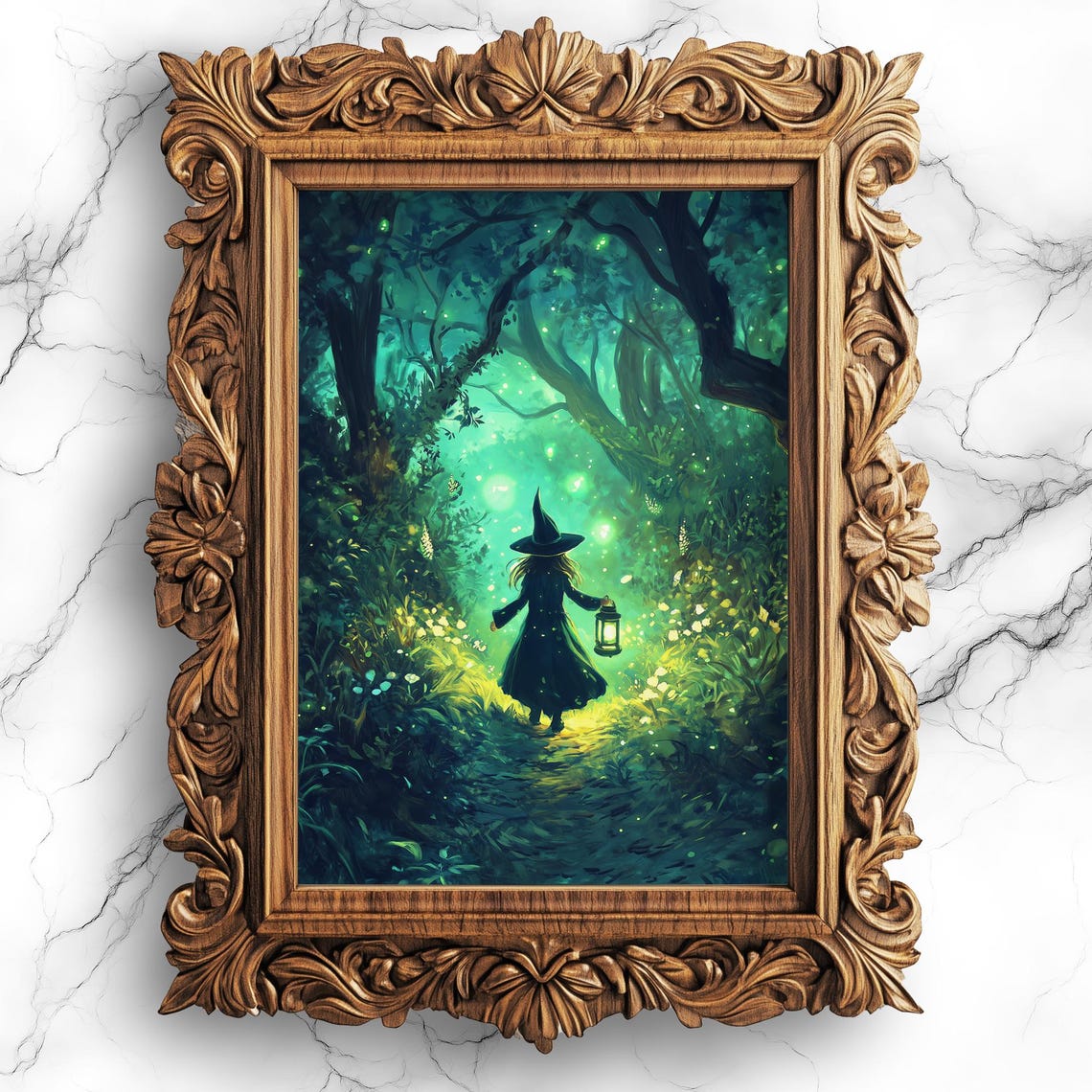 Witch With Lantern in Enchanted Emerald Forest Dark Fantasy Poster