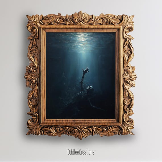 Skeleton Despair Underwater Reaching Moonlight Art Gothic Decor Dark Academia Oil Painting Artwork Prt124