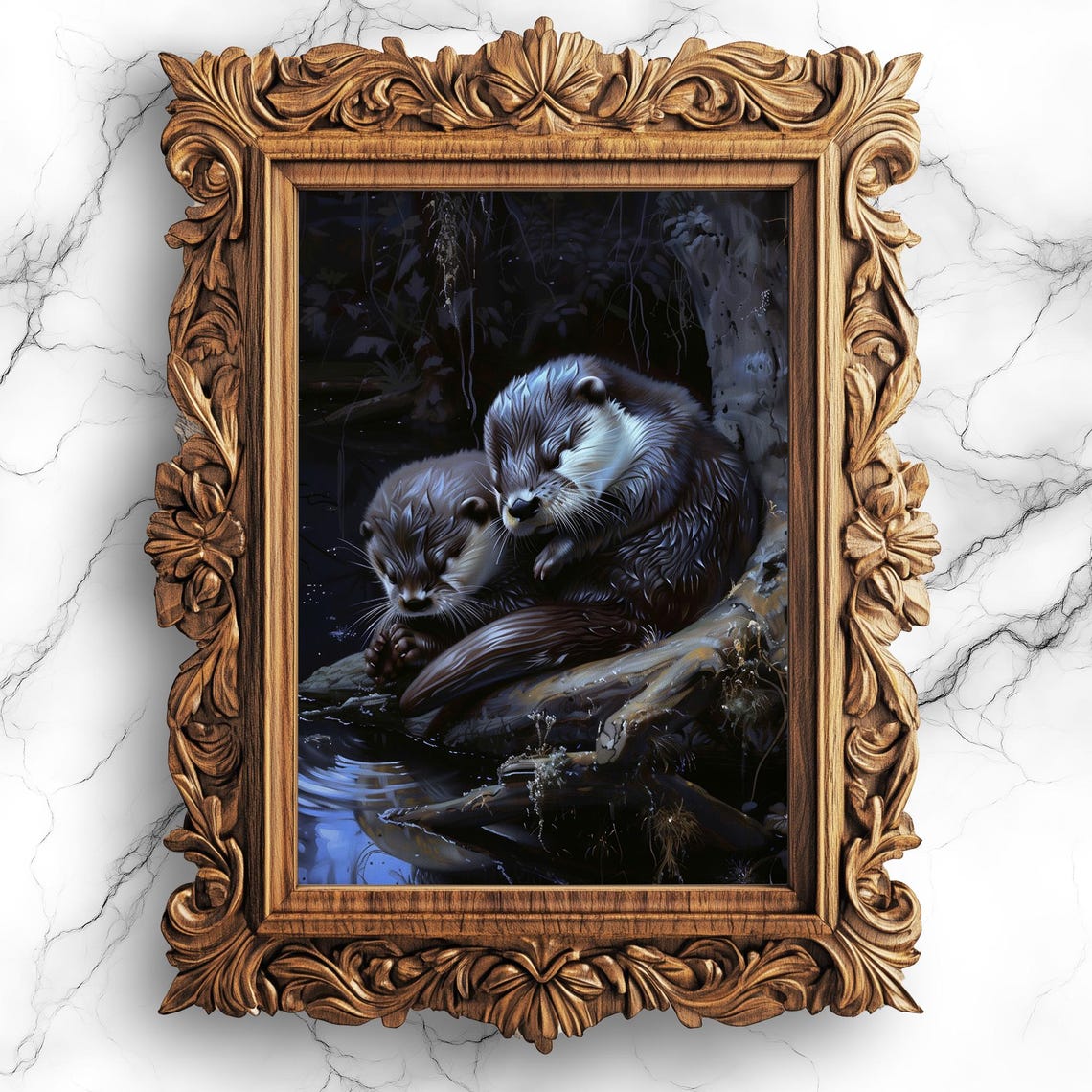 Sleeping Baby Otters Moonlit Night Wildlife Painting Art Print