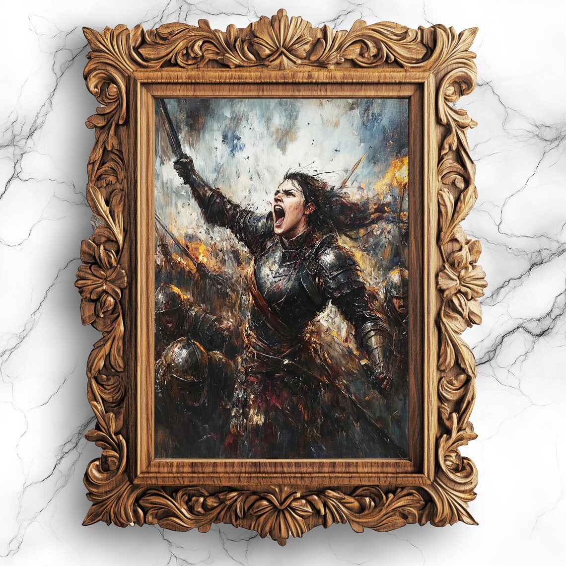 Epic Female Warrior Oil Painting Poster with Sword in Battle Scene