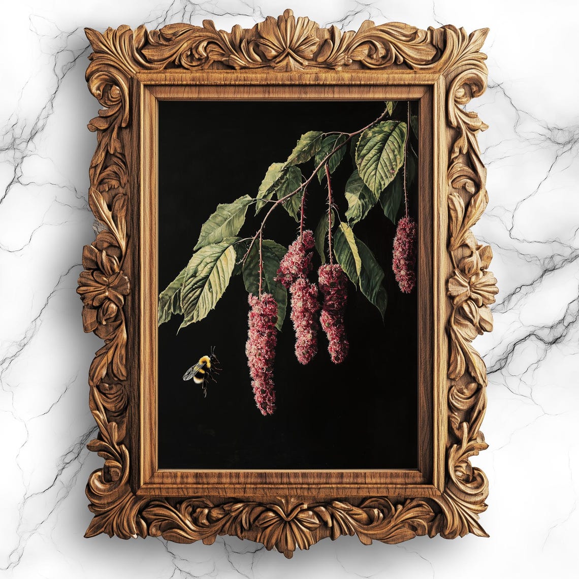 Hanging Amaranthus Blossoms Bumblebee Botanical Oil Painting Wall Art