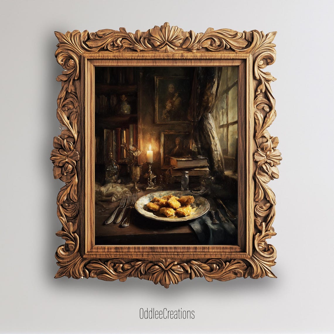 Chicken Nuggets Plate Candlelit Study Dark Academia Food Art Poster