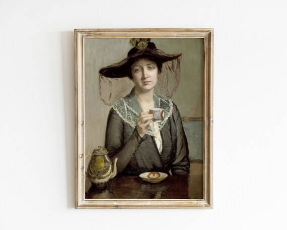 Woman in Wide Hat Drinking Tea Vintage Portrait Painting Poster