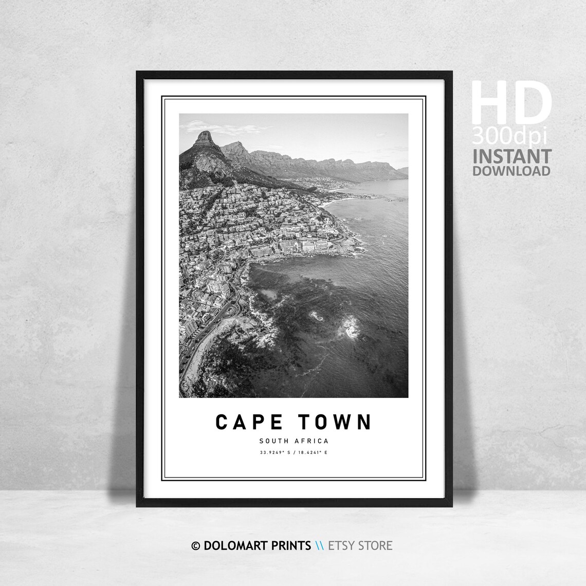 Cape Town Black and White Travel Poster, Coordinates