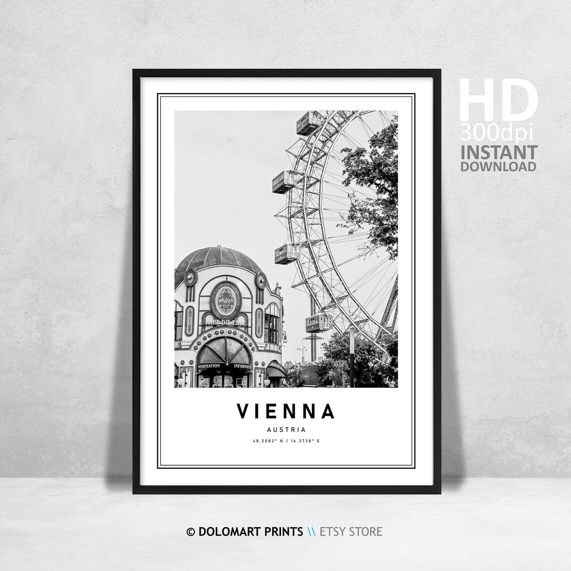 Vienna Austria Travel Poster, Black And White Coordinates