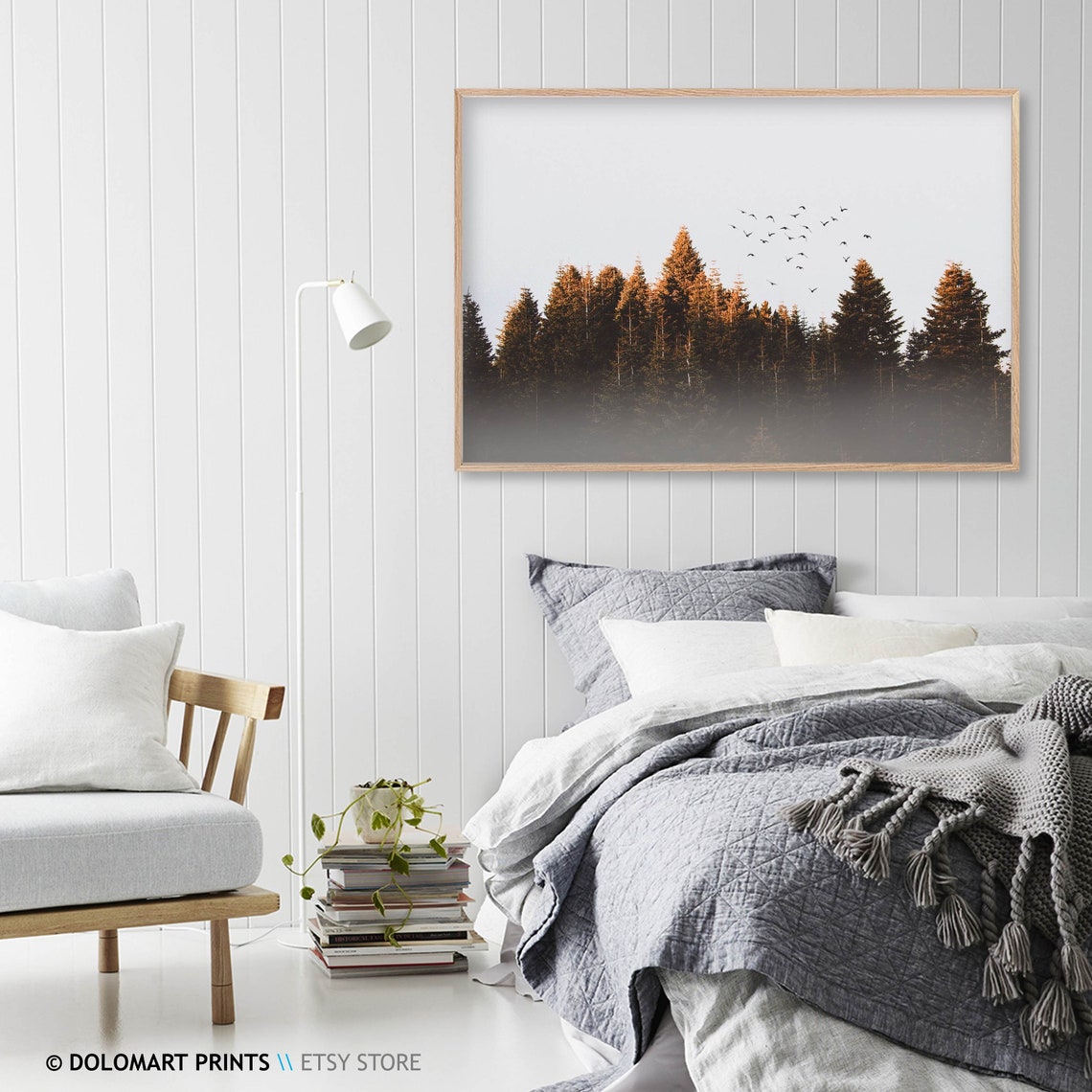 Misty Pine Forest Birds Flying Sunset Nature Photography Poster - Image 2