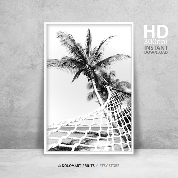 Hammock Under Palm Tree Black and White Beach Photography Poster