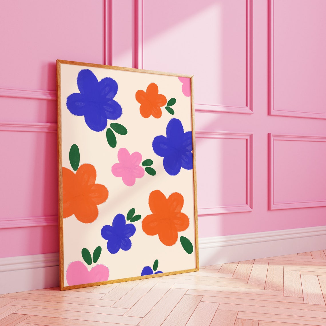 Bold Blue Orange Pink Flowers Floral Pattern Colorful Decor Wall Art