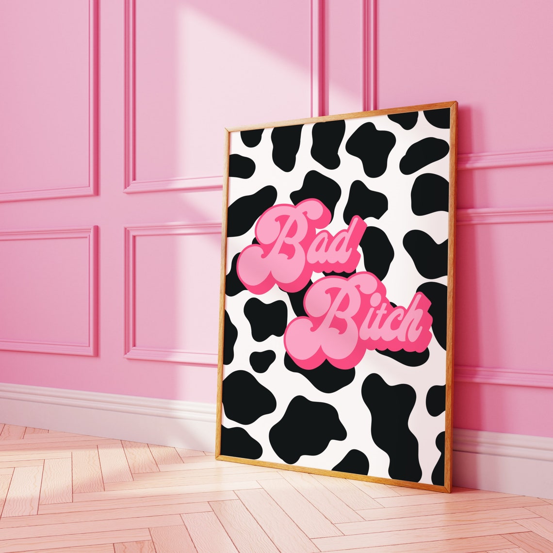 Sassy Bad Bitch Pink Retro Script Cowhide Pattern Statement Poster