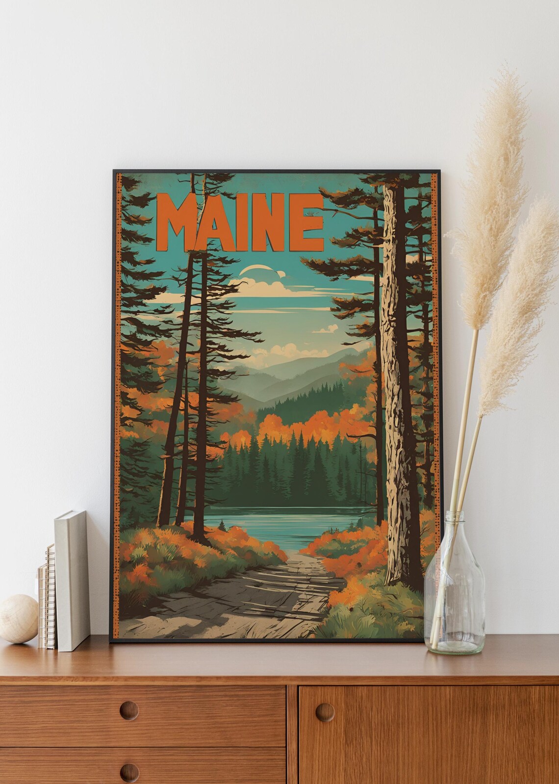 Maine Woods Retro Poster, Sebago Lake Art Print