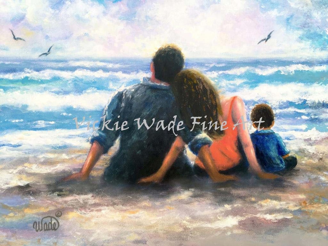 Parents and Son Sitting Together Watching the Ocean Waves Poster