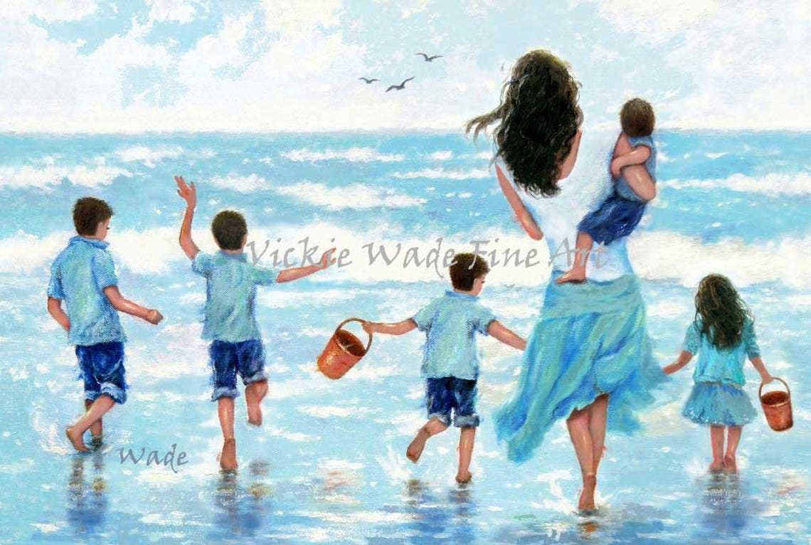 Mother With Five Children Running Into the Ocean Waves Poster