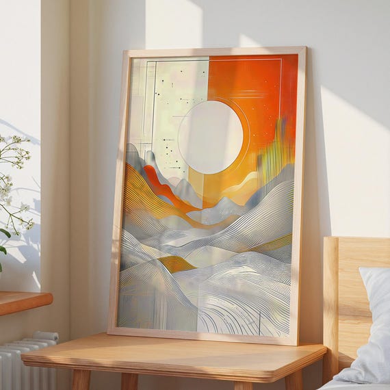 Abstract Sun And Mountain, Modern Geometric Line Landscape Art Print