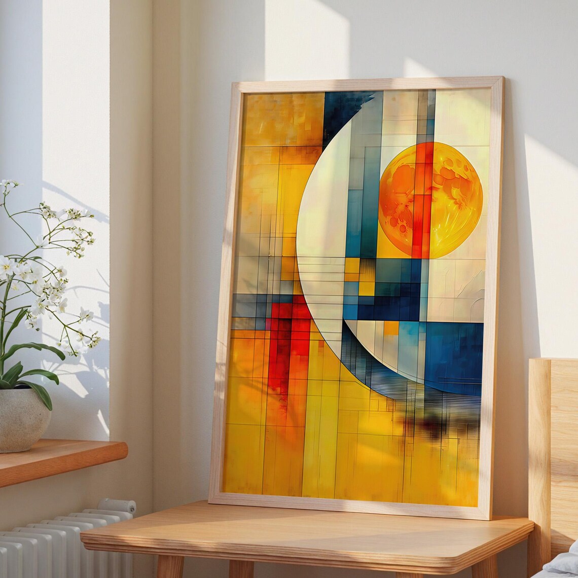 Geometric Abstract Sun Color Block Gold Blue Red Modern Framed Wall Art