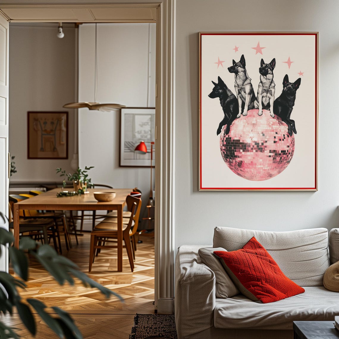 German Shepherd Quartet Posing on a Pink Disco Ball Retro Poster - Image 3