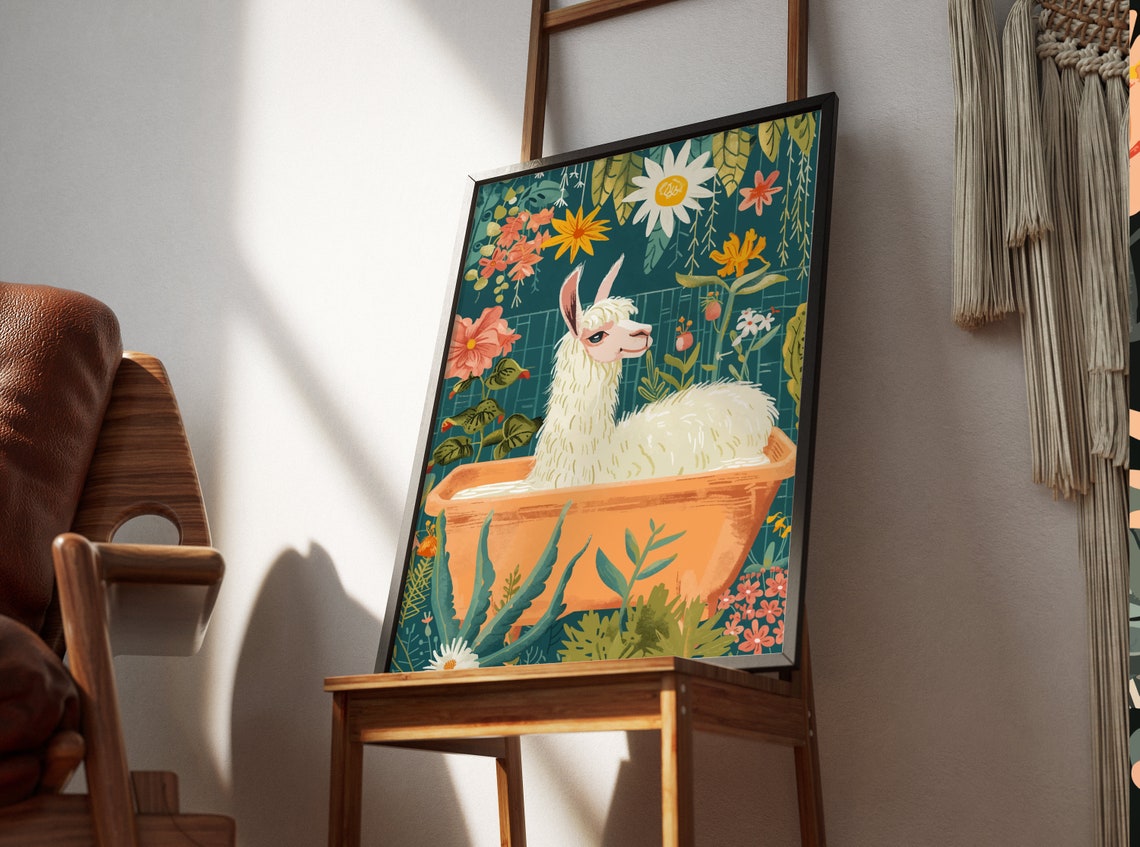 White Llama in Terracotta Tub Tropical Botanical Floral Poster - Image 3