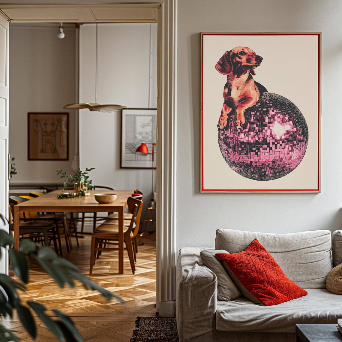 Red Dachshund Puppy Resting on a Pink Disco Ball 70s Retro Poster - Image 3