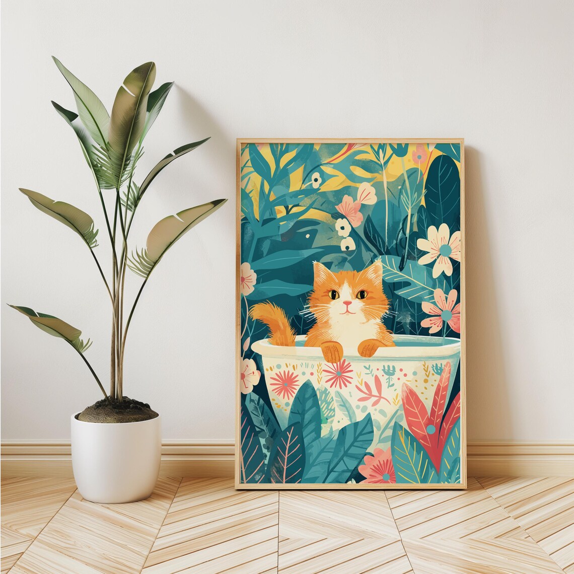 Ginger Cat in Decorated Tub Bright Tropical Floral Wall Poster - Image 3