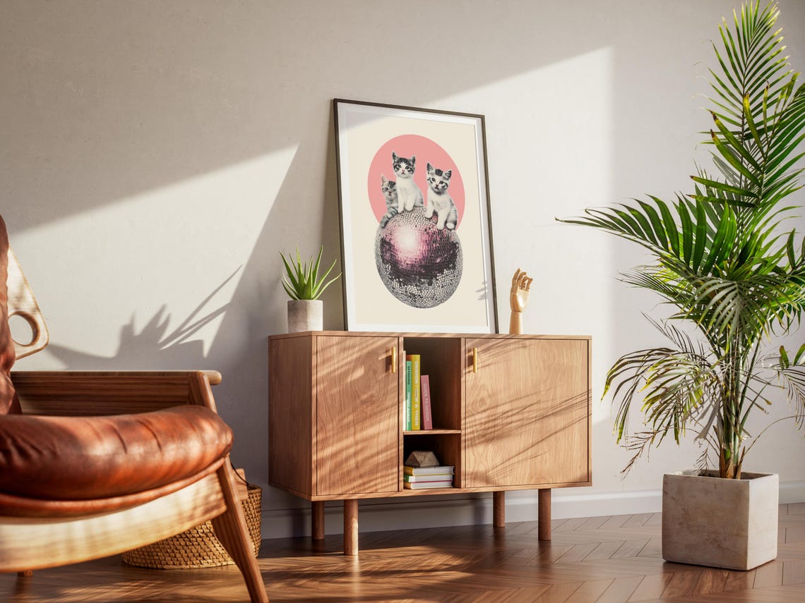 Three Kittens Pink Disco Ball Mirrorball Collage Poster Retro Cat - Image 3