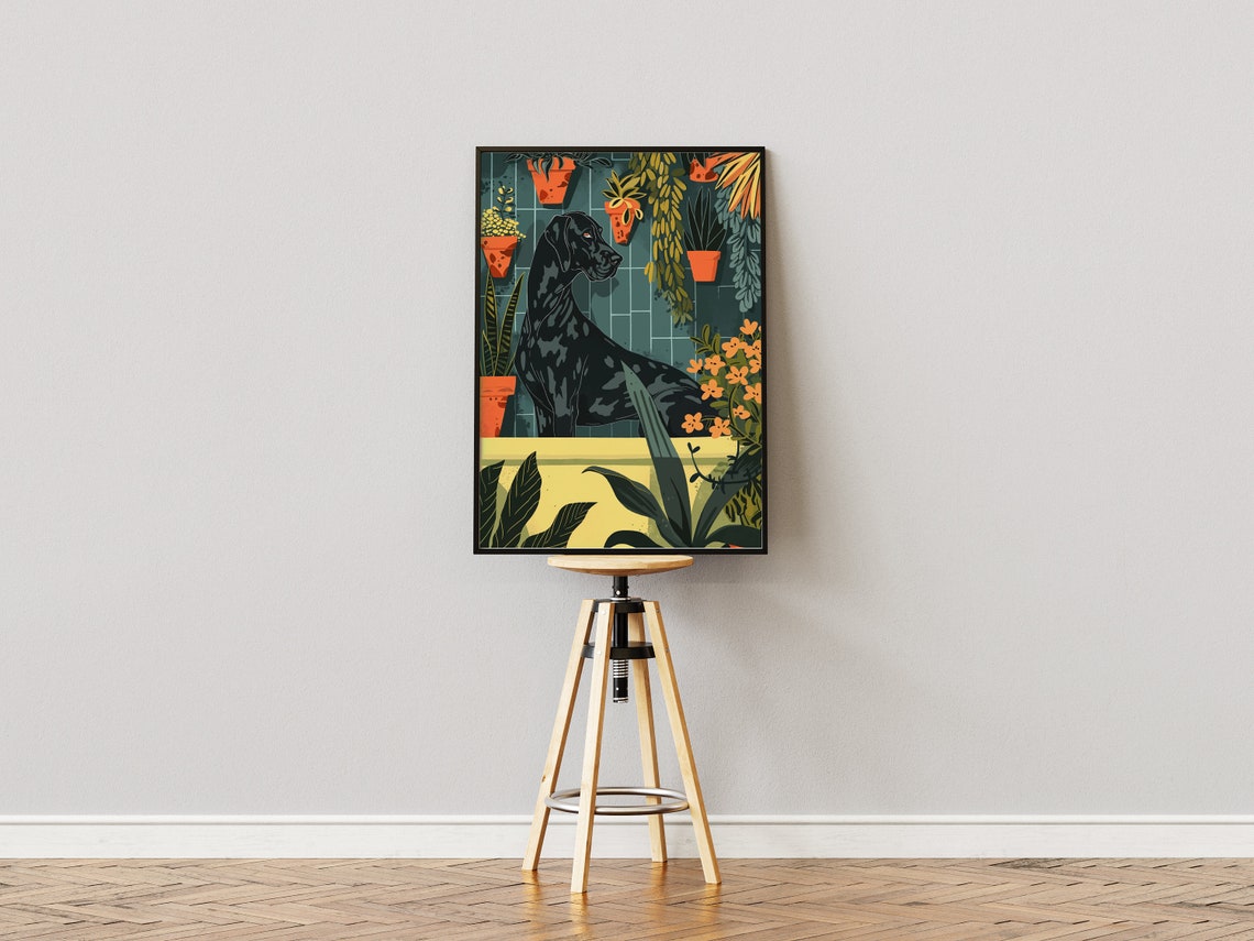 Black Great Dane in Yellow Tub Hanging Garden Dog Wall Poster - Image 3