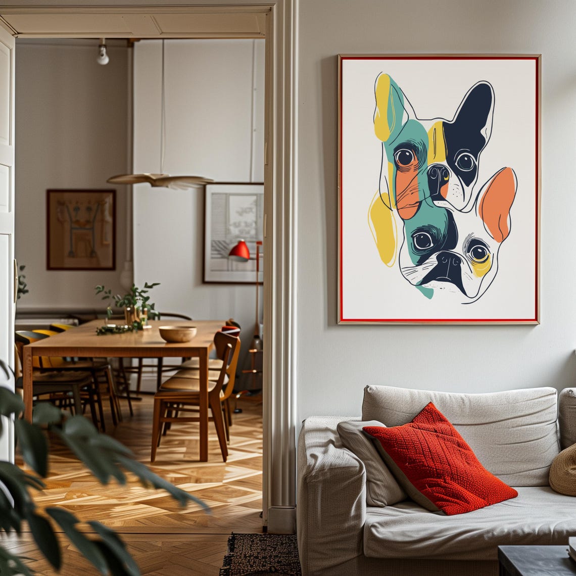 Two Boston Terrier Faces Stacked Abstract Line Drawing Poster Duo - Image 3