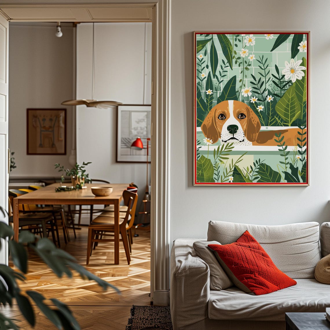 Beagle Resting Its Chin on a Botanical Bathtub Edge Wall Poster - Image 2