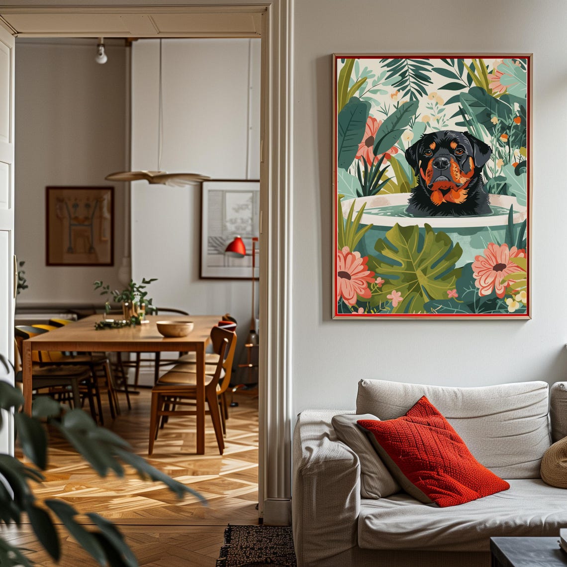 Rottweiler in Bathtub Coral Floral Tropical Jungle Dog Poster - Image 2