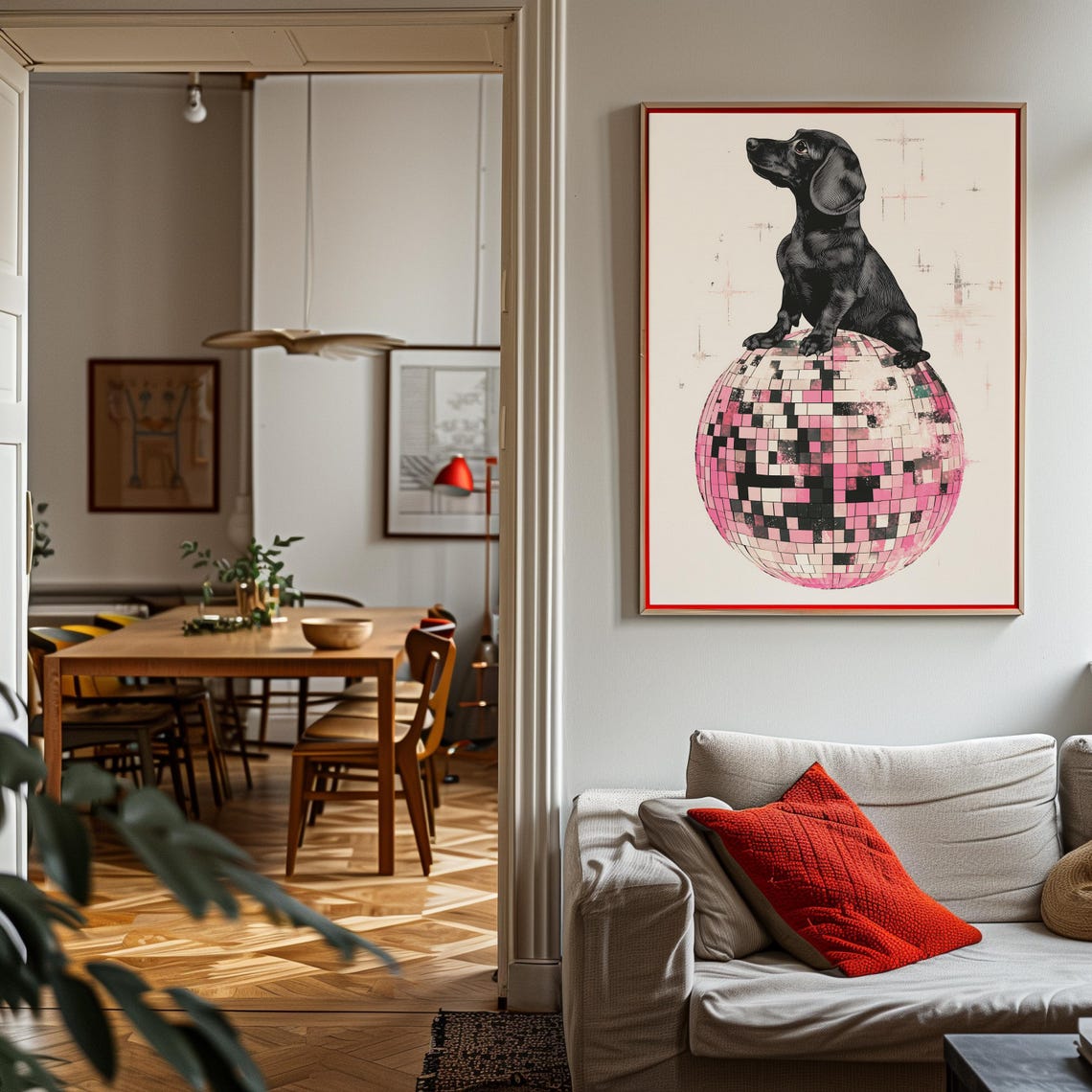 Black Dachshund Puppy Sitting on a Sparkly Disco Ball Star Poster - Image 3