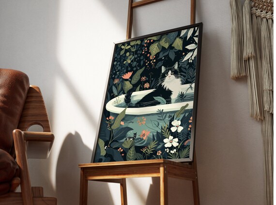Black and White Cat in Bathtub Dark Tropical Jungle Art Poster