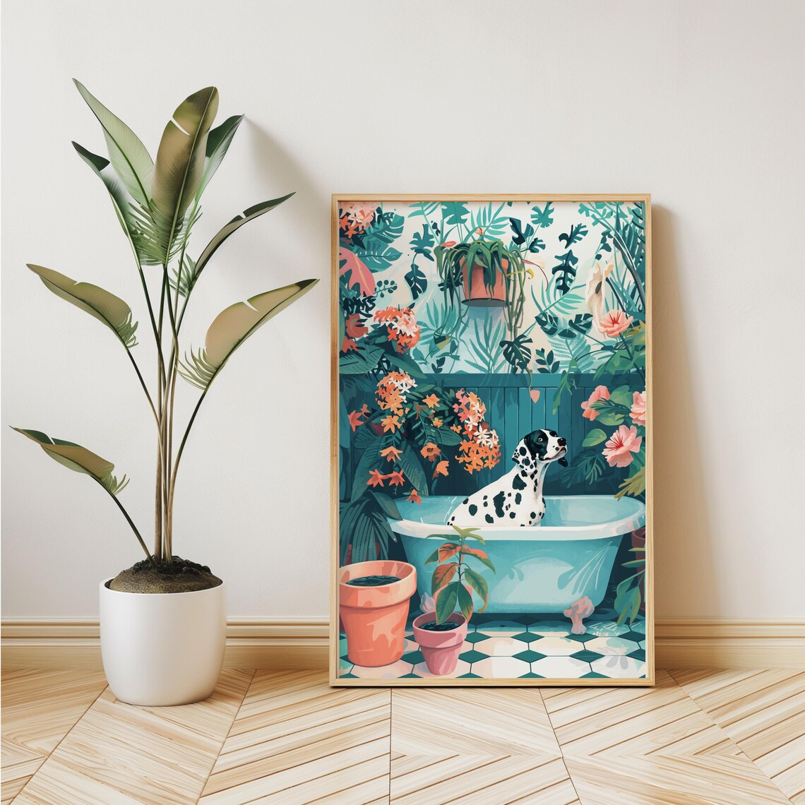 Dalmatian Dog in a Bathtub Among Lush Tropical Jungle Plants Poster