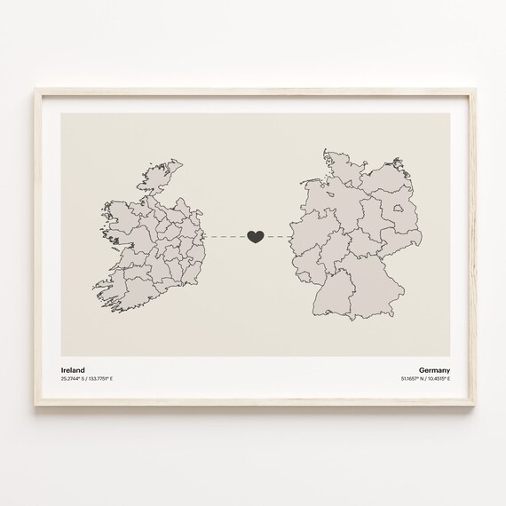 Ireland to Germany Heart Connection Map Long Distance Gift Poster