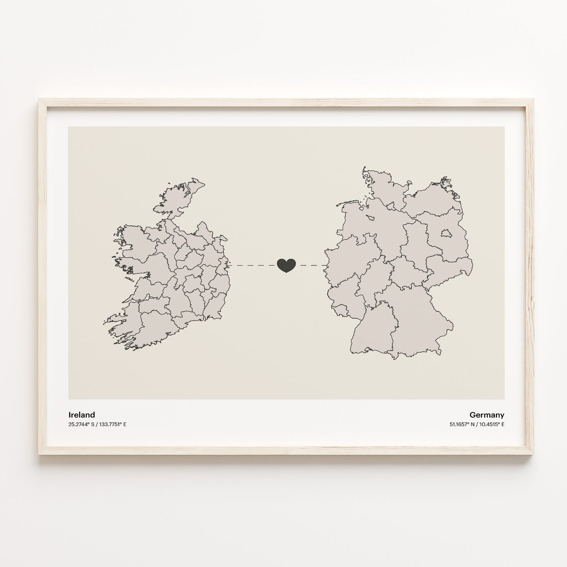 Ireland to Germany Heart Connection Map Long Distance Gift Poster