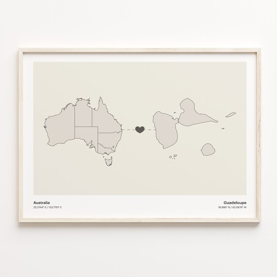 Australia to Guadeloupe Long Distance Heart Map Connection Poster