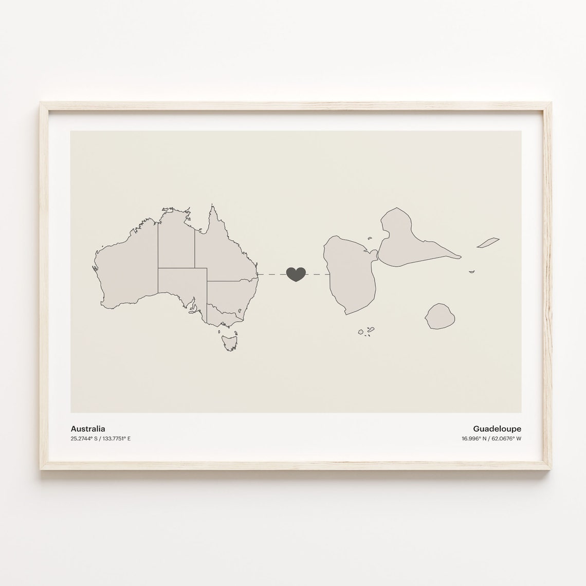 Australia to Guadeloupe Long Distance Heart Map Connection Poster