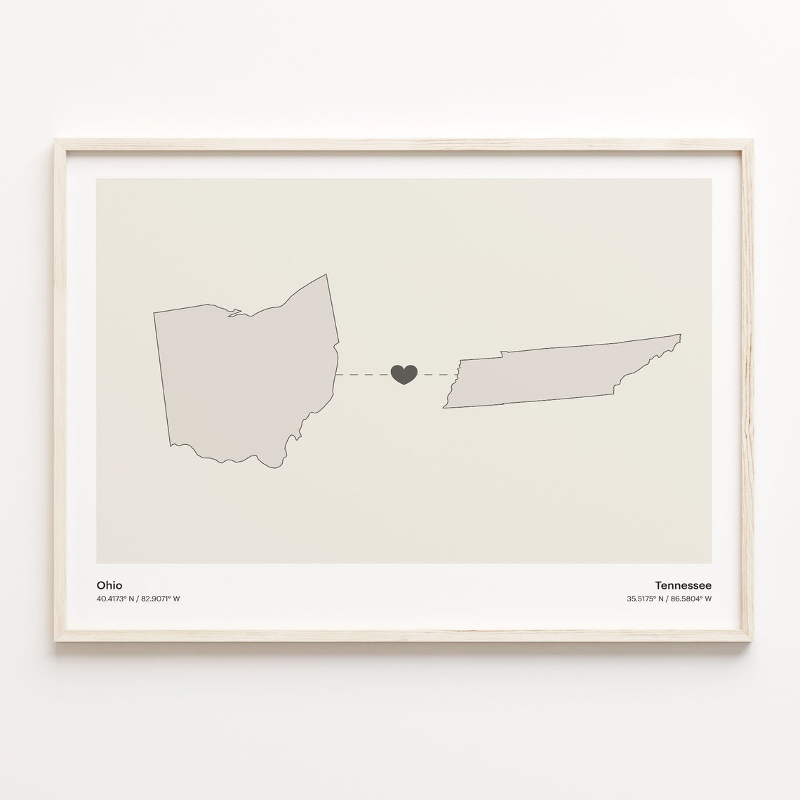 Ohio To Tennessee Minimalist Heart Map Long Distance Love Poster