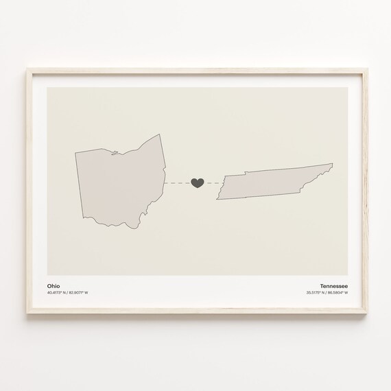 Ohio To Tennessee Minimalist Heart Map Long Distance Love Poster