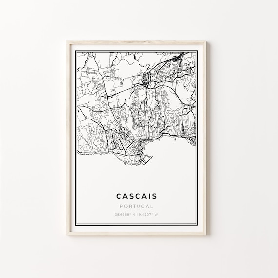 Cascais Portugal Modern Minimalist Black Line City Map Wall Art