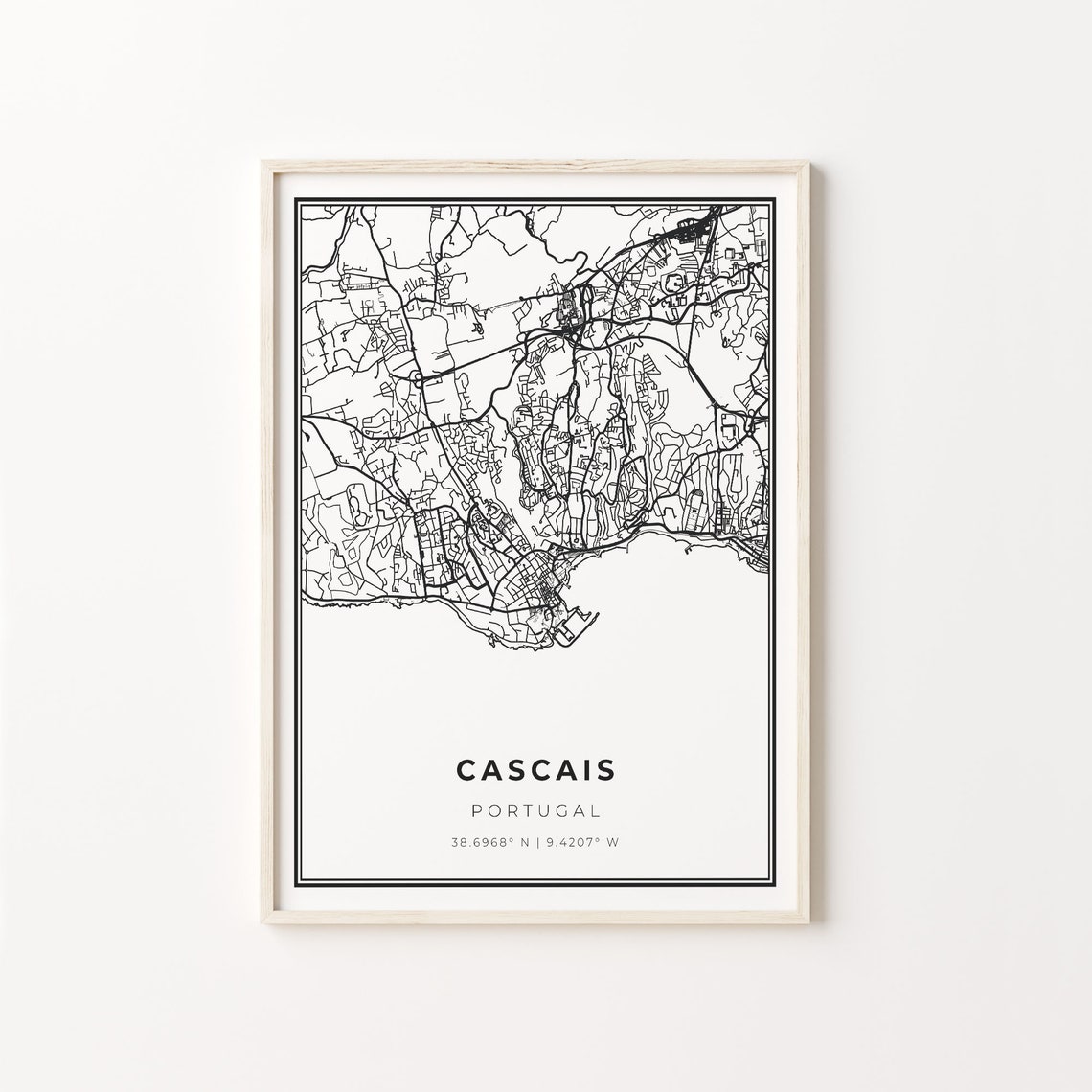 Cascais Portugal Modern Minimalist Black Line City Map Wall Art