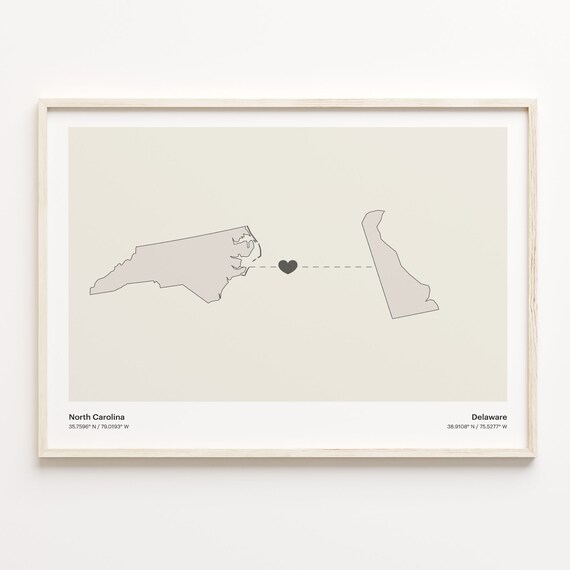 North Carolina to Delaware Minimalist Long Distance Connection Map Poster