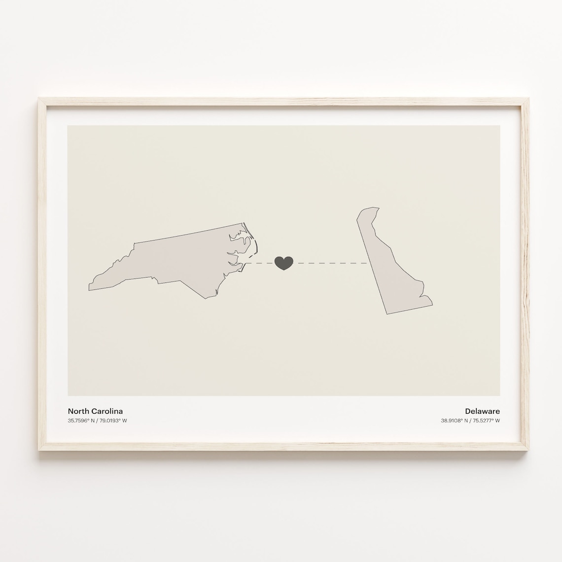 North Carolina to Delaware Minimalist Long Distance Connection Map Poster