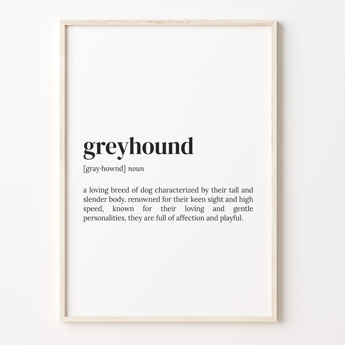 Greyhound Dog Breed Dictionary Definition Print for Dog Lovers Gift