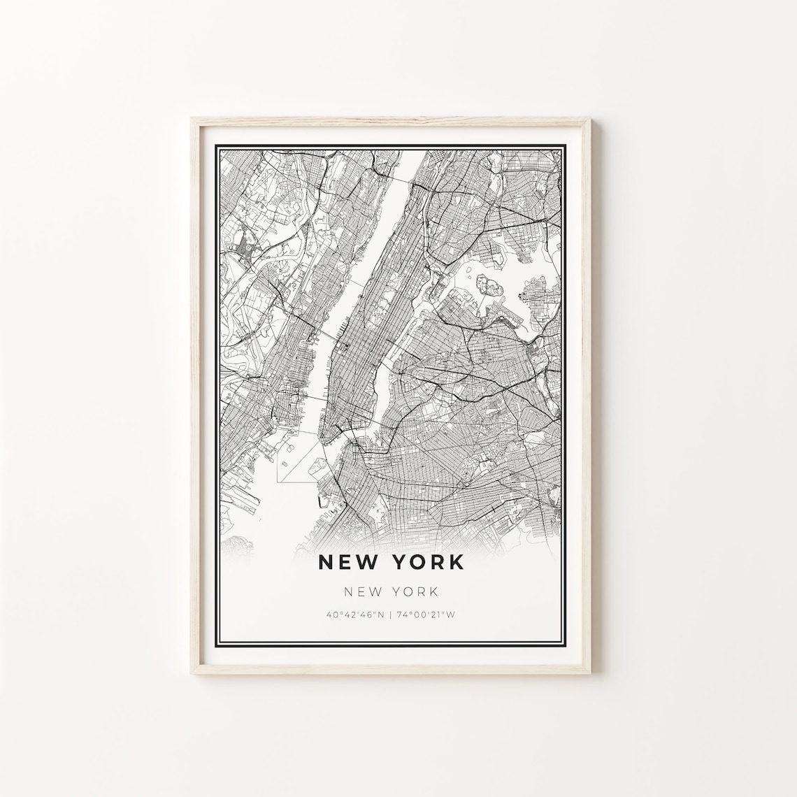 New York City Map Art Poster, Modern Black and White