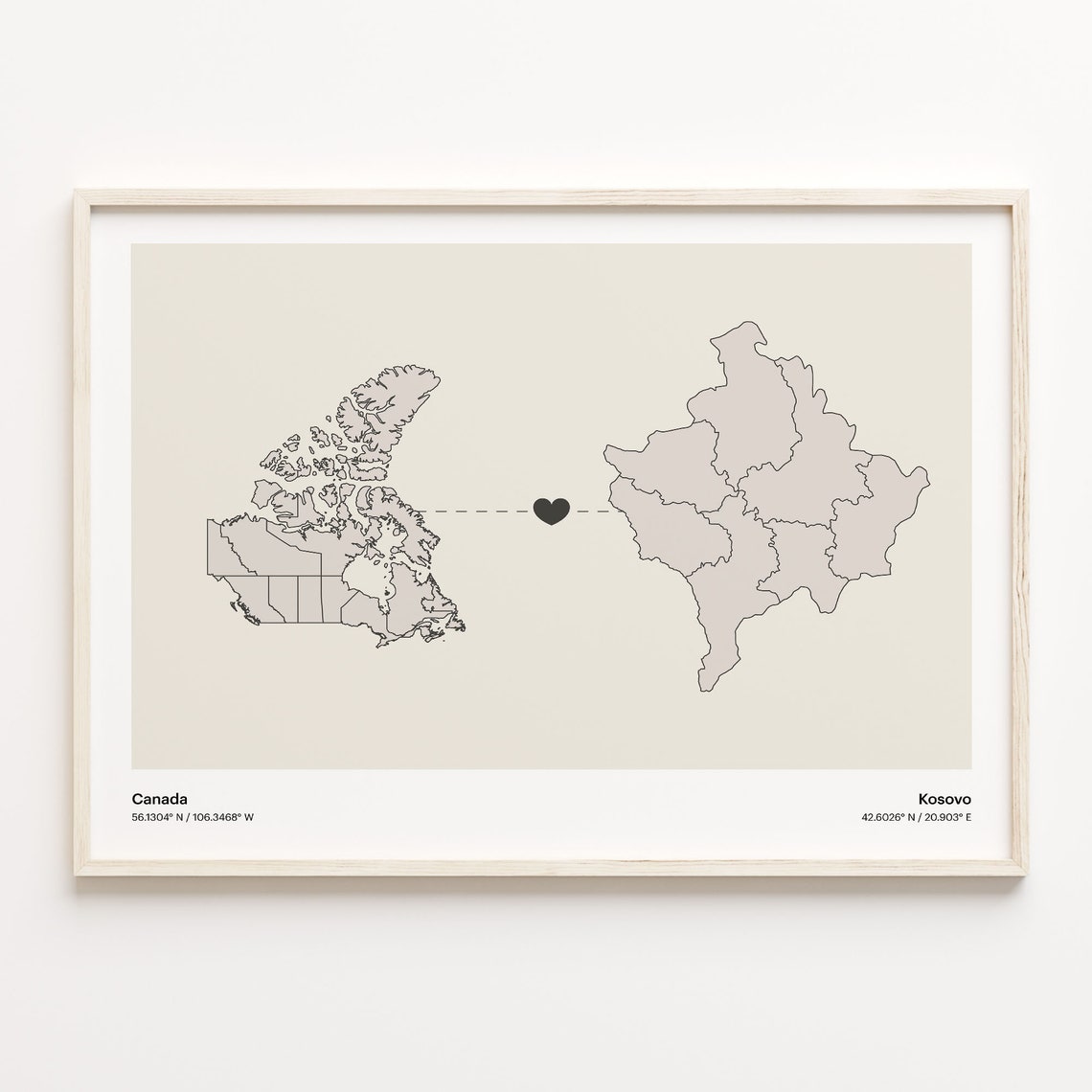 Canada To Kosovo Heart Connection Minimalist Map Art Print Gift