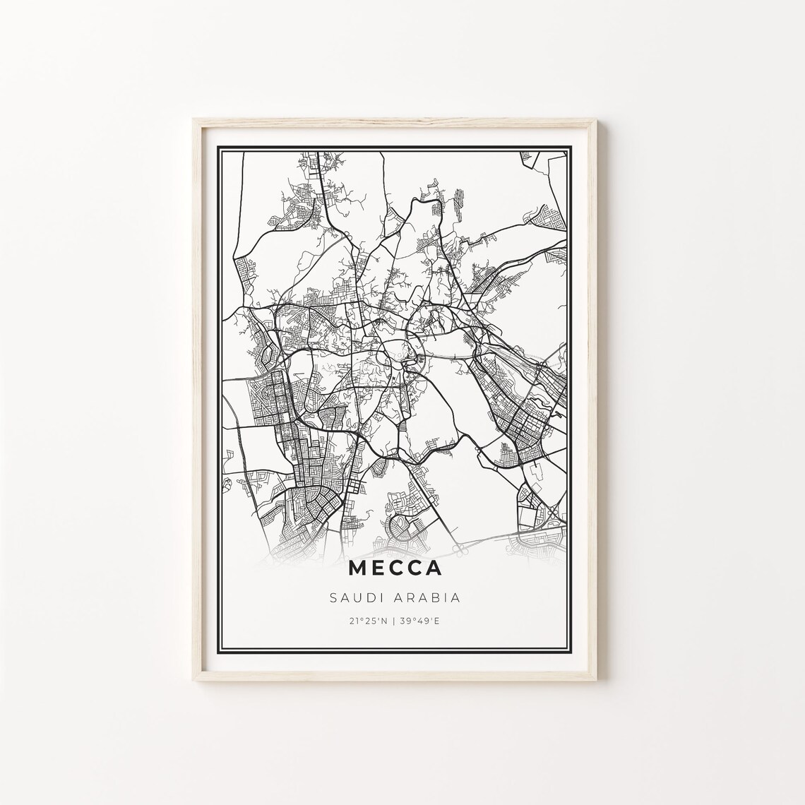 Mecca Saudi Arabia Modern Black And White Street Map Coordinates Poster