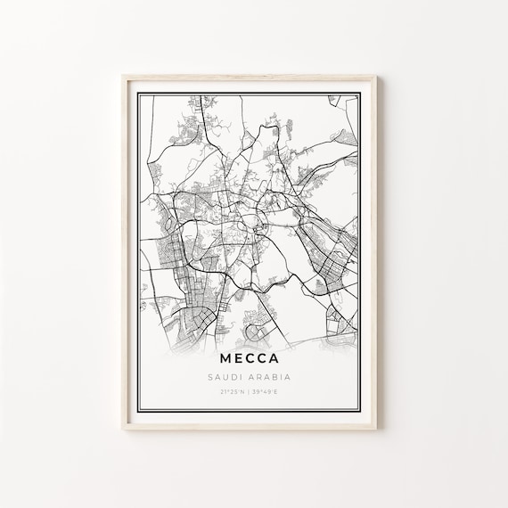 Mecca Saudi Arabia Modern Black And White Street Map Coordinates Poster