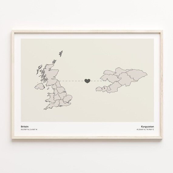 Britain To Kyrgyzstan Minimalistic Heart Love Connection Map Poster