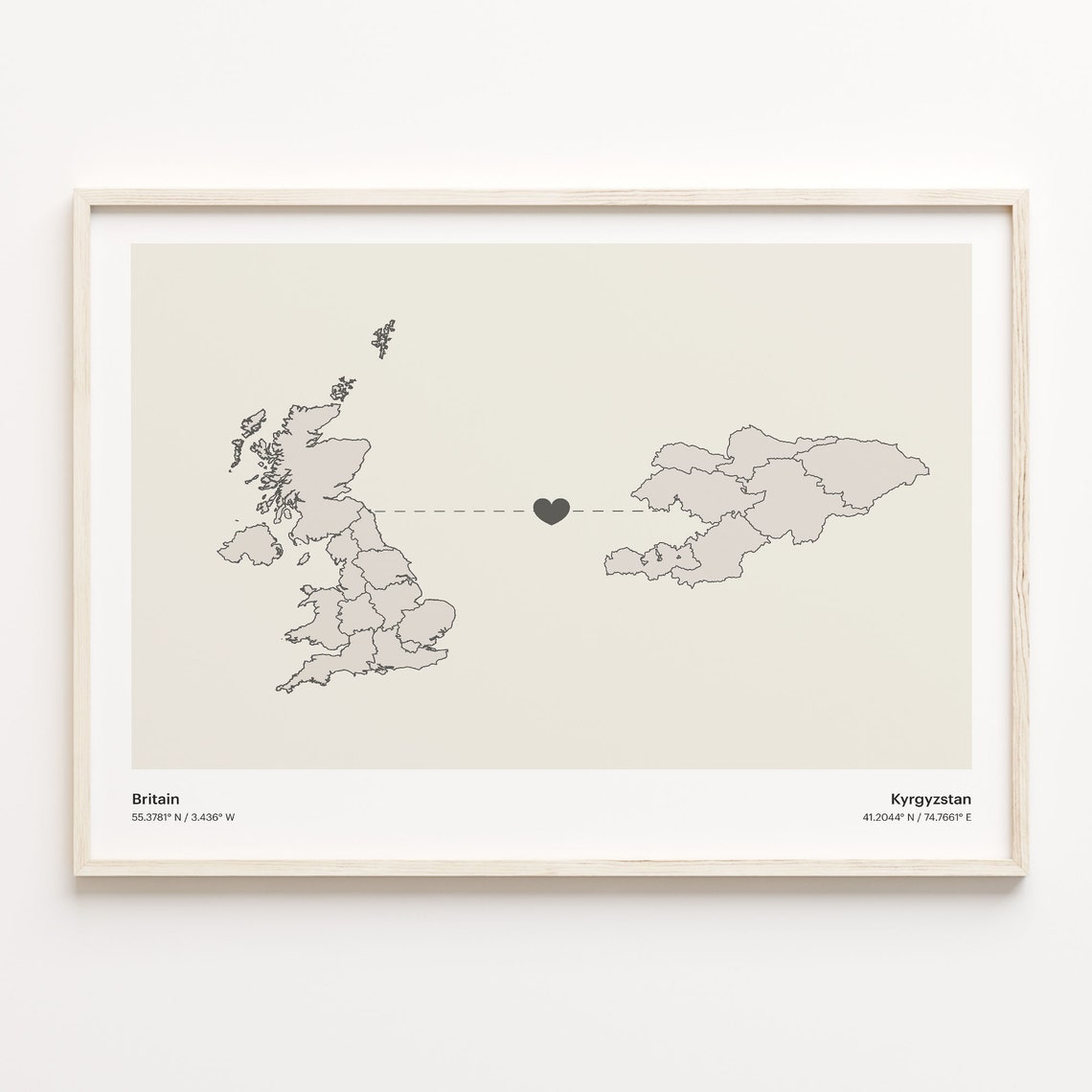 Britain To Kyrgyzstan Minimalistic Heart Love Connection Map Poster
