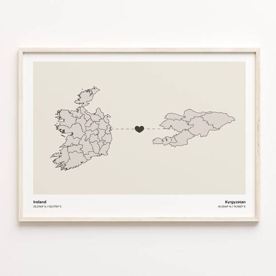 Ireland To Kyrgyzstan Heart Minimalist Connection Map Wall Art