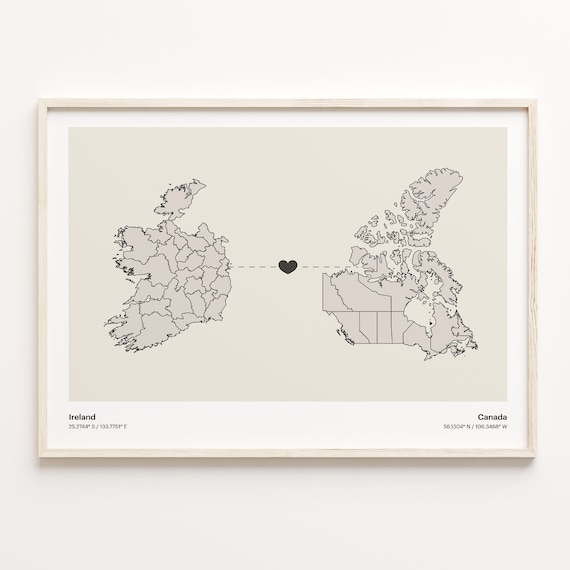 Ireland and Canada Couple Long Distance Love Heart Map Poster